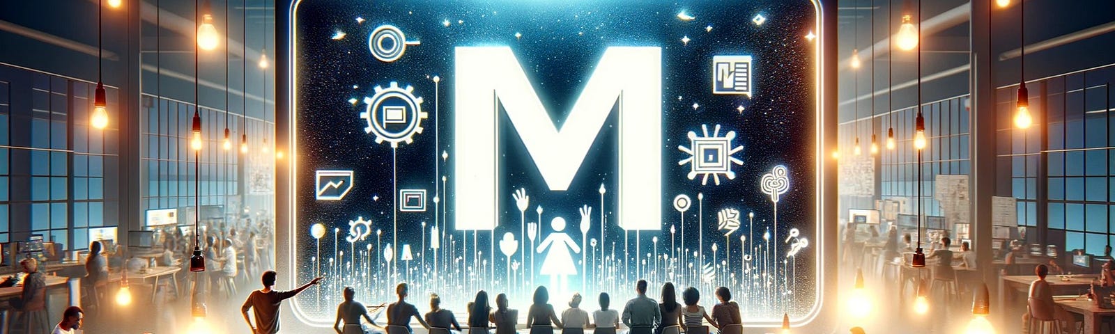 A diverse group of people is gathered around a glowing screen displaying the Medium logo in a modern, creative workspace. The atmosphere is energetic, filled with engagement and discussion, symbolizing the collaborative spirit of Medium.
