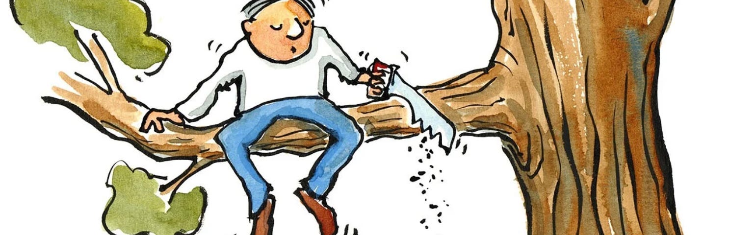 A man trimming a branch from the tree, although he is sitting on the bramch he is sawing off.