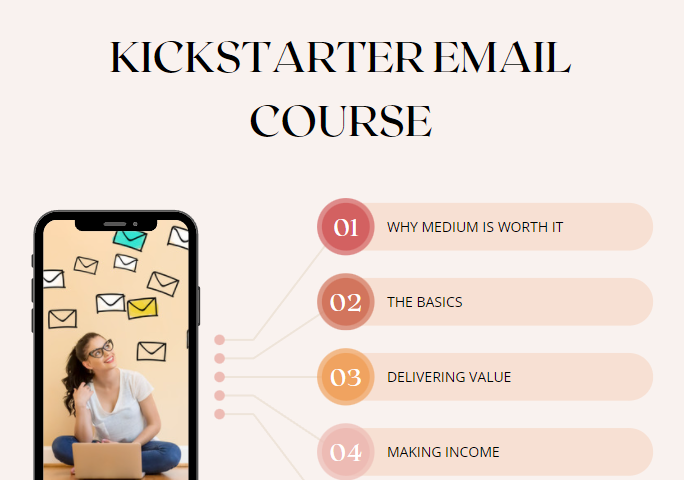 Kickstarter Email Course for Medium. Girl sitting on the ground with her laptop getting 5 emails from Kristina God.