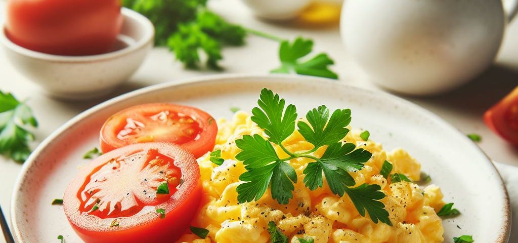 An image of a plate of scrambled eggs garnished with parsley and tomatoes