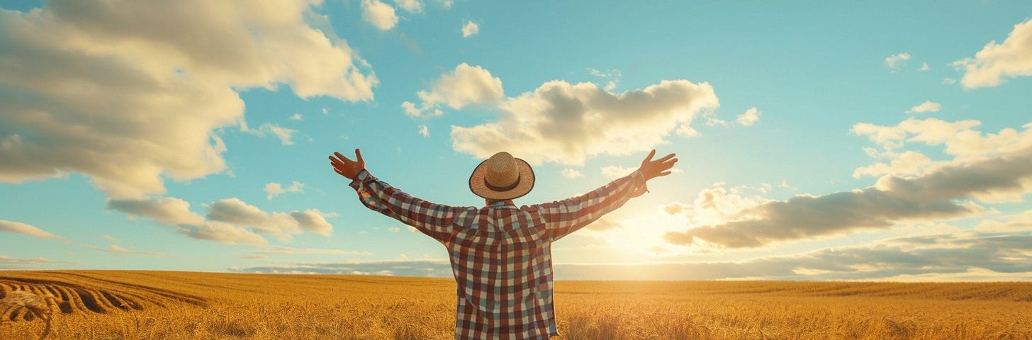 A man celebrates a great harvest in a field.