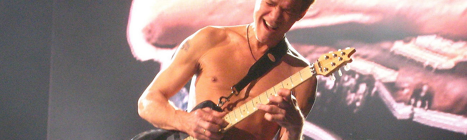 Image of a shirtless Eddie Van Halen playing in concert in 2007.