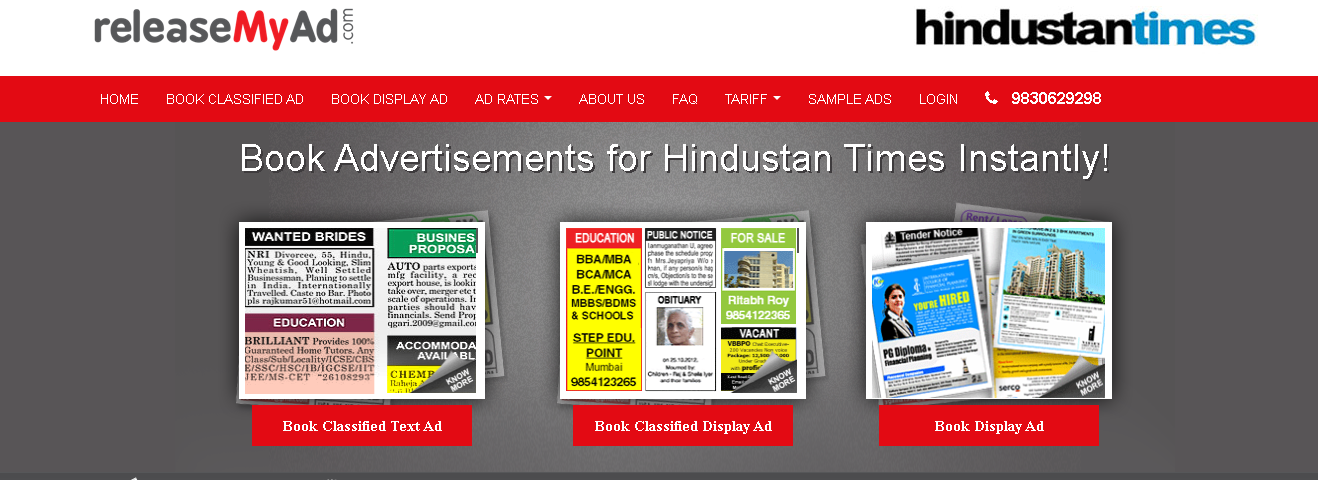 Ad type category for Hindustan Times on ReleaseMyAd.