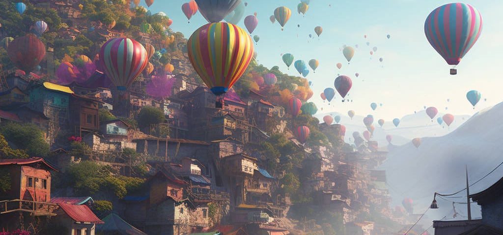 A village with lots of colourful houses going from a dirt road up a small mountain. The sky is filled with balloons with baskets attached.