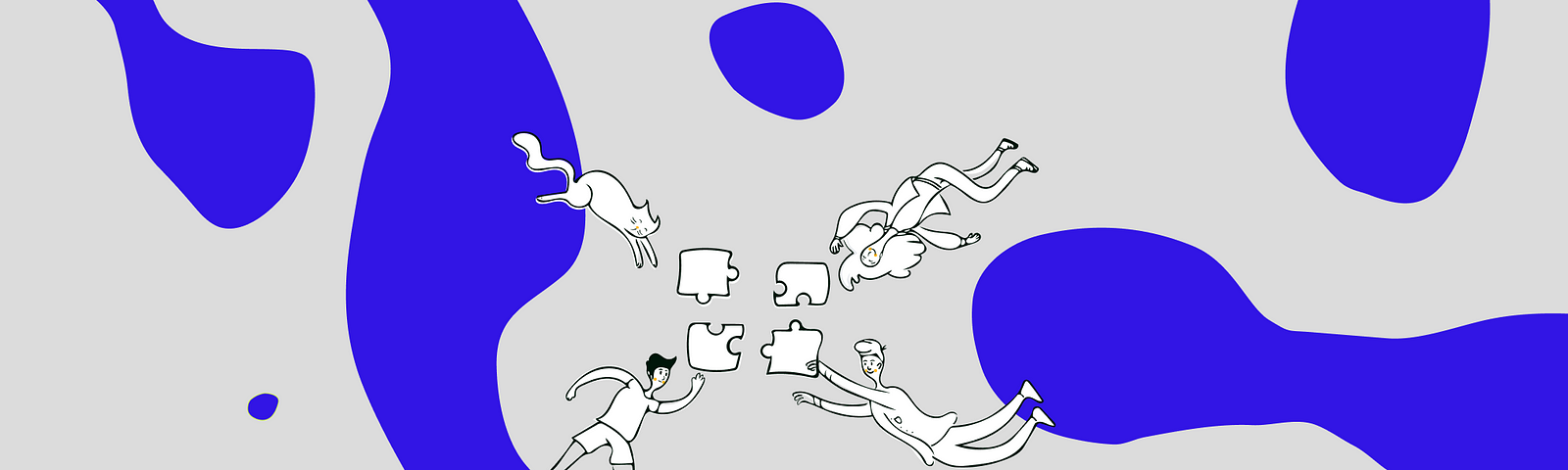Ilustração com traços minimalistas. O fundo é cinza, com algumas manchas na cor violeta. Ao centro, em branco, há um gato, dois homens e uma mulher, cada um carregando uma peça de um quebra-cabeças. Eles parecem estar em movimento, direcionando-se para encaixar as peças.
