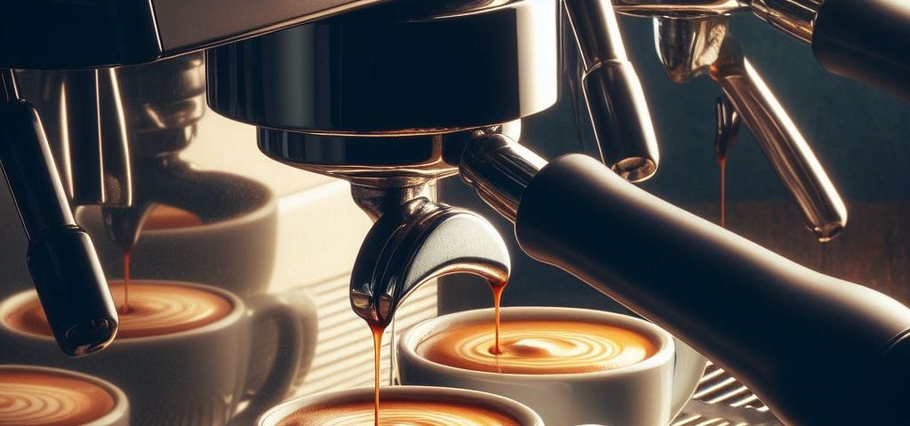Espresso machine filling two cups at the same time, realistic, close-up