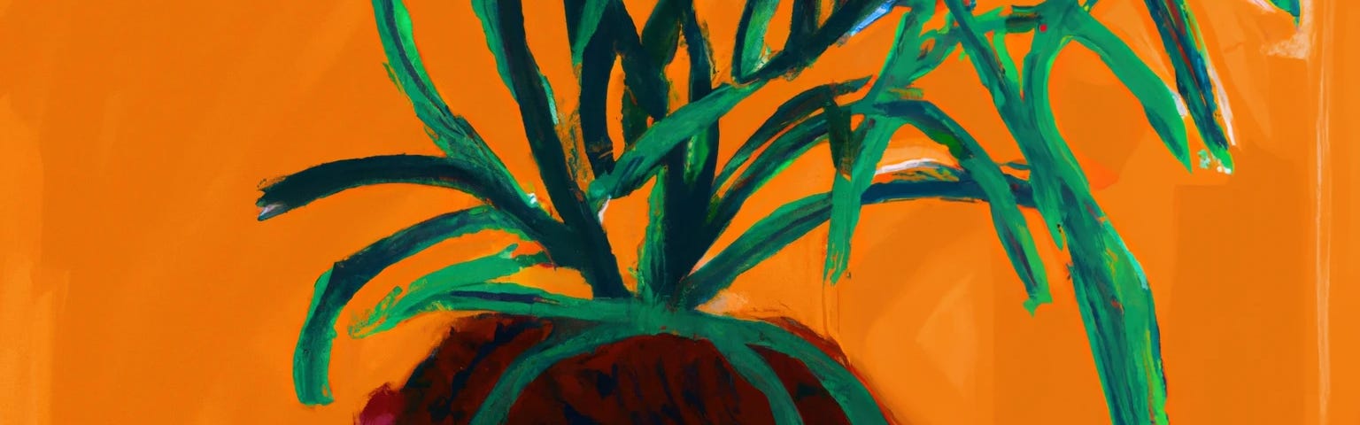 A leafy plant in a pink pot on an orange background.