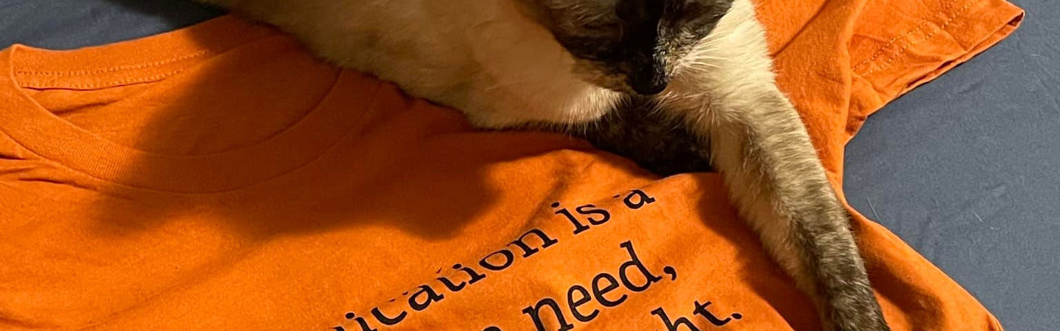 A cat sitting on a T-Shirt that says, “Communication is a basic human need, a basic human right, and more than that. a basic human. It is a basic human powder.