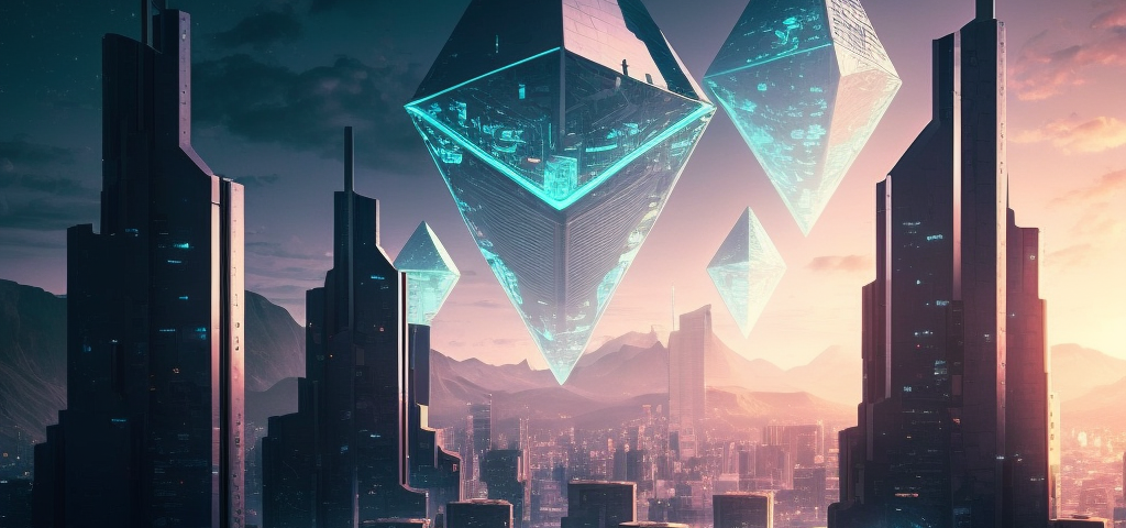 A futuristic cityscape with Ethereum logo
