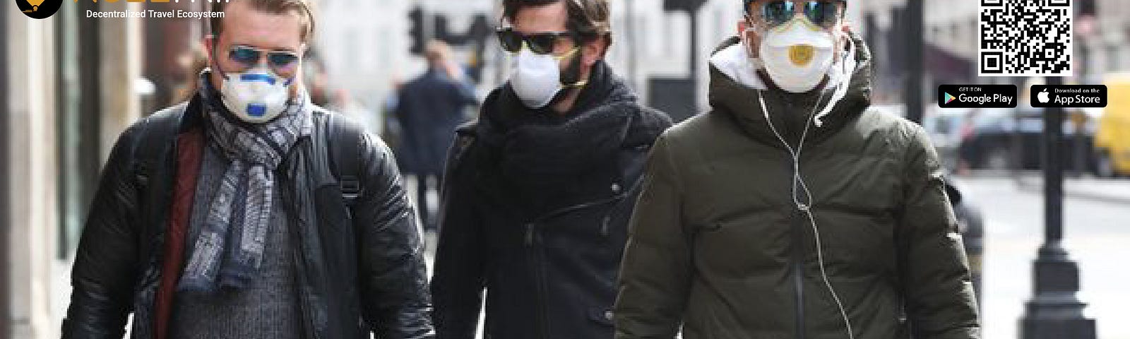 three men walking, wearing mask and rubber gloves