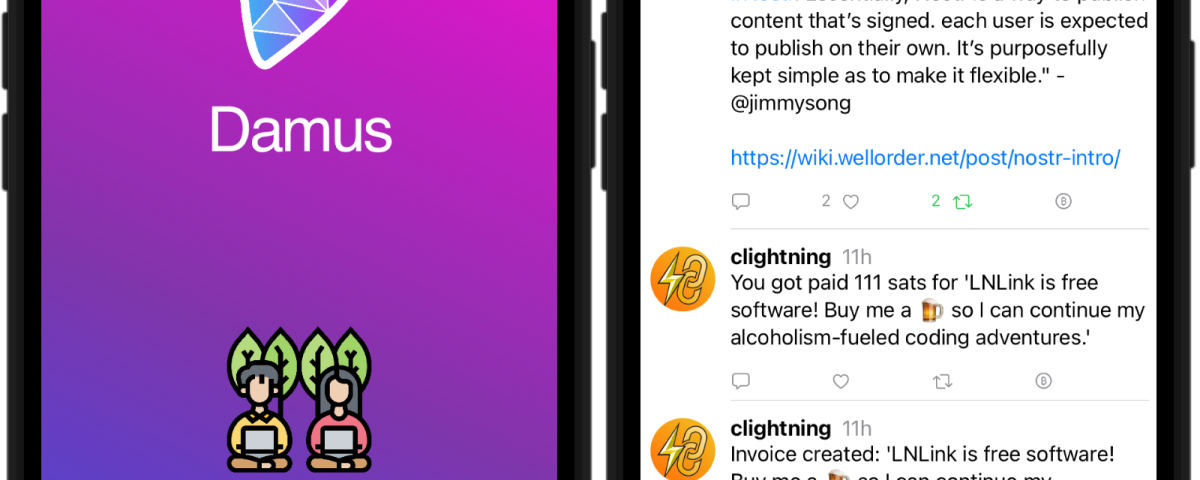 IMAGE: Two screens from Damus, a decentralized microblogging app