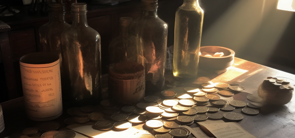 piles of papers lined up on a big wooden counter, coins, quills, bottles, shadowy light