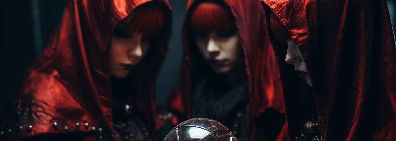 Three cybergoth withces holding a red glowing orb, they all have bright red hair and are wearing red hooded capes.