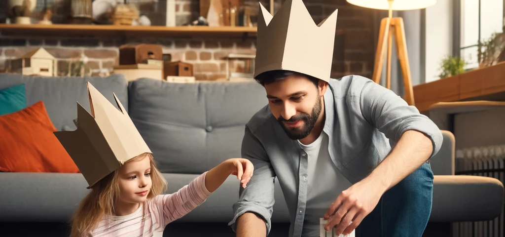 Scene of a young girl and her dad building a model city in their living room.