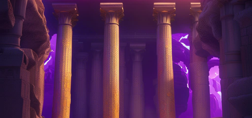 There are pillars in ancient Greek style in the picture with “Blockchain pillars” written above and under them