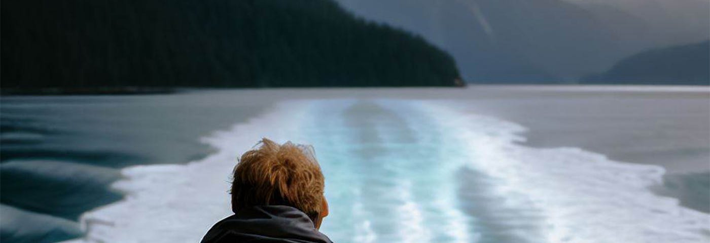 Man stands watching the wake behiind the Alaska Ferry in the Inside Passage.