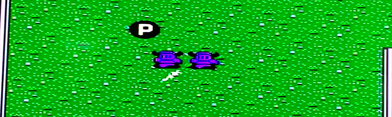 A scene from a classic video game where a knight is being attacked by two guards.