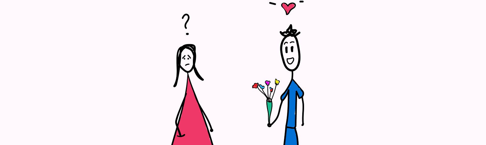 Illustration of confused girl and a guy holding bouquet