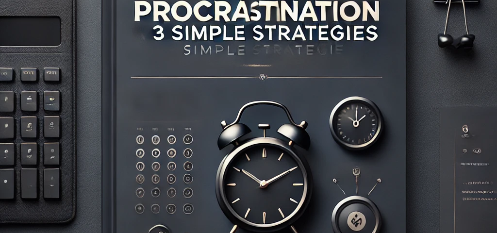 Dark-themed cover image with the title “Overcome Procrastination with 3 Simple Strategies” in bold, modern font. The background features subtle elements like a ticking clock, a checklist, and a calendar, symbolizing time management and task completion. The color scheme includes dark shades of navy blue, black, and gray, creating a professional and motivational aesthetic.