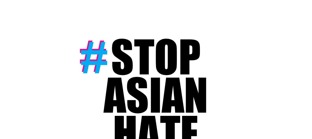 #stopasianhate graphic-based hashtag image with Kids Listen banner graphic in lower right corner.