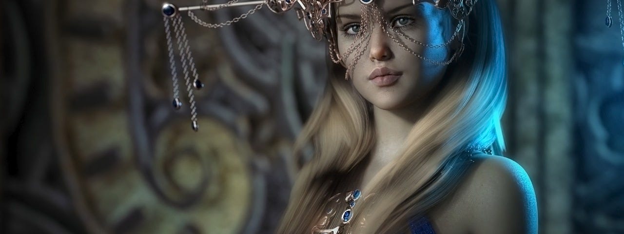 A gorgeous woman, slender figured with long blonde hair, adorned in a sexy blue skimpy dress and gems of blue and gold, including her jewelled crown and face mask.