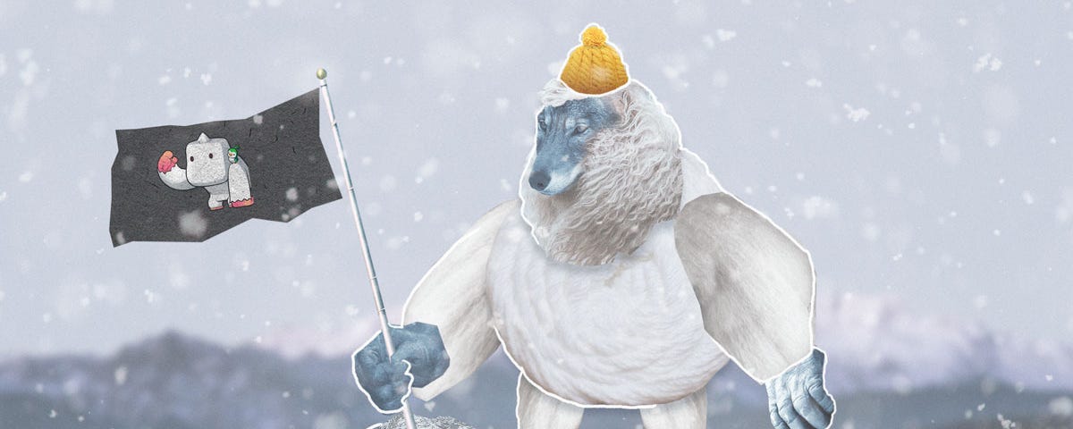 Collage-style illustration of a wolf disguised as a yeti, standing proudly atop a snowy mountain range, wearing a sweet yellow knit cap and holding a flag with the Yeti Finance logo.