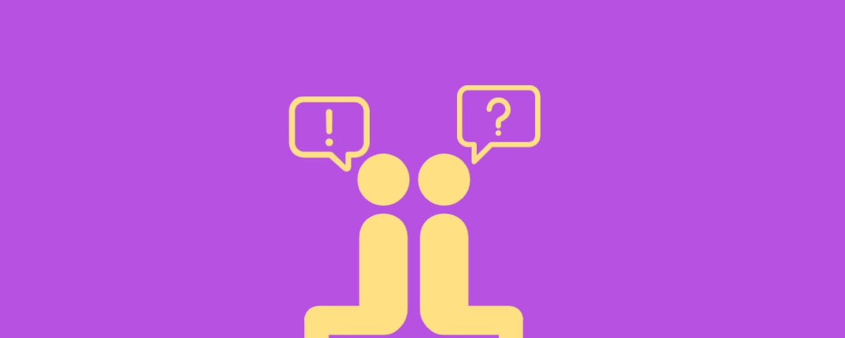 Illustration of two people sat back to back with a speech bubble each — One with a question mark, and one with an exclamation mark.