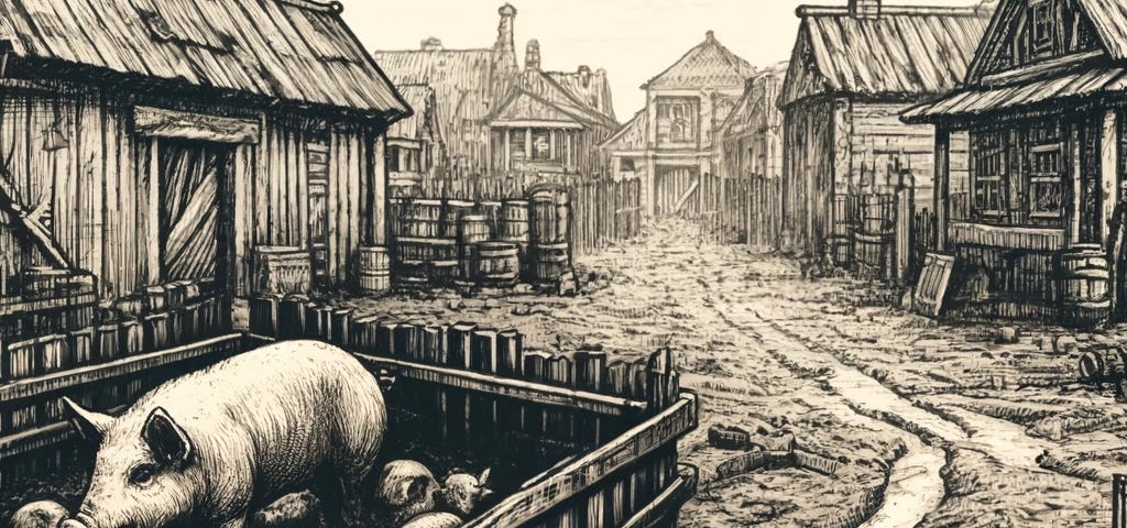 A pig pen in a medieval setting.