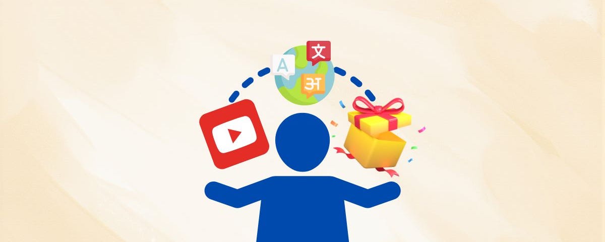 A blue graphic of a person opening their arms, holding the youtube symbol, an opening present and the world of languages, representing how someone can learn languages using youtube
