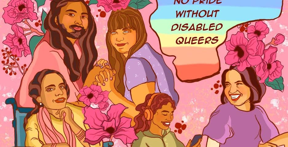Against a background with pink flowers, there are five people smiling. The two people at the top are holding hands. Below is a person in a wheelchair. Next to them is a person wearing headphones and looking at their phone. To their right is a person with a prosthetic arm, also holding a phone. Credit: Ritika Gupta