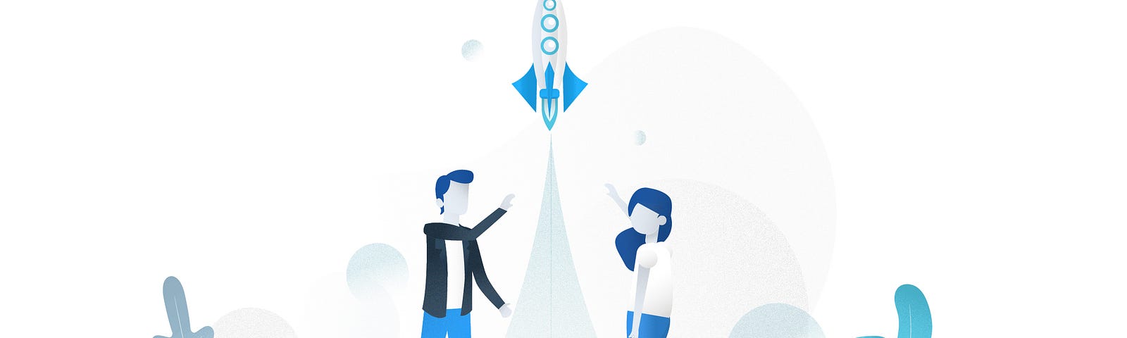 Illustration of a man and a woman launching a rocket