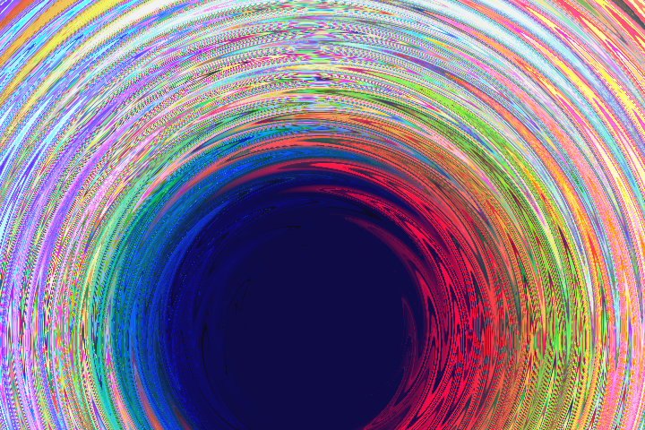 A black hole surrounded by a dizzying rainbow. The rainbow looks almost like TV static that has been swirled together.
