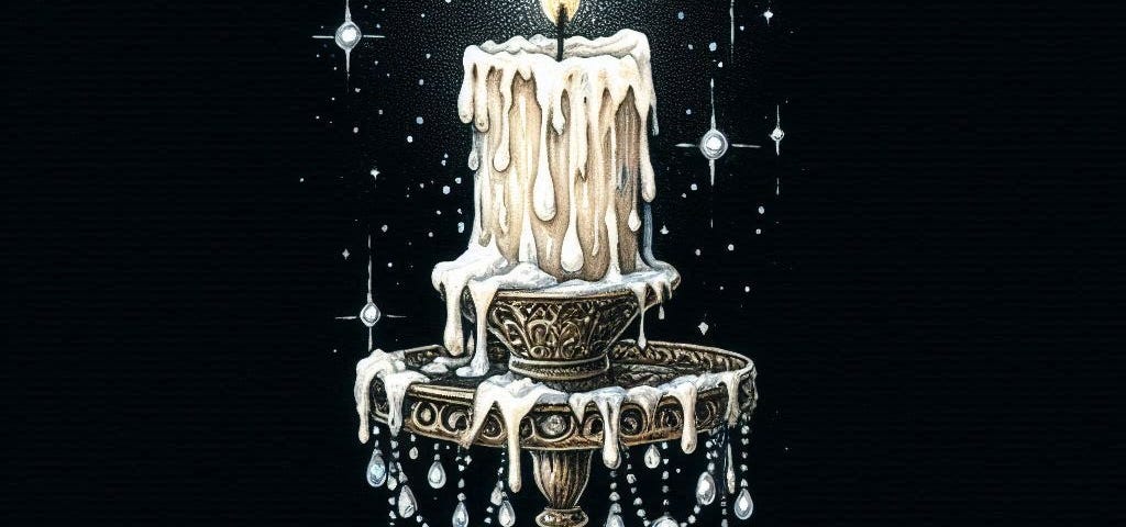 watercolor image. black background. a hand holding a candlestick.a slender white candle is in the candlestick melted was shaped like tiny pearls are dripping down the candle.