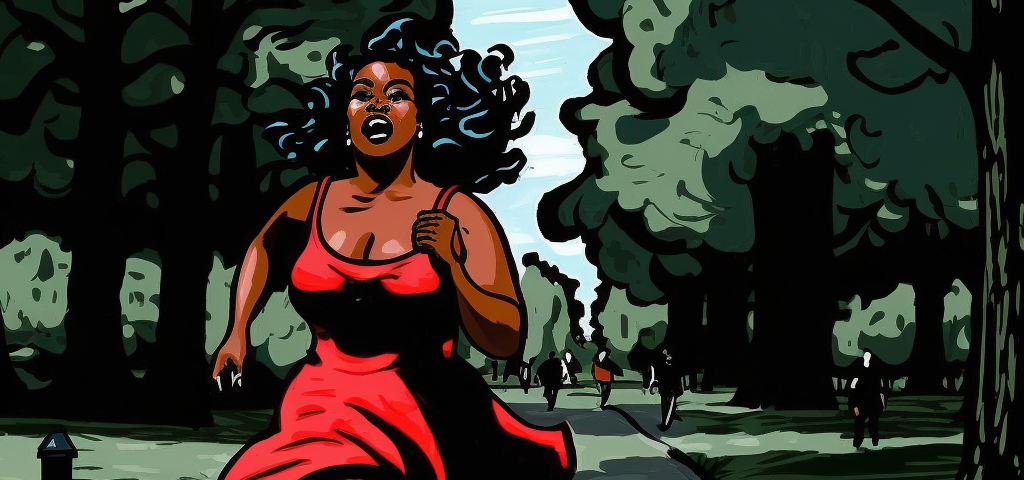 Woman running in a neighborhood park. She’s wearing a red dress. She’s agitated and seems to be screaming or many just out of breath. Cartoon effect.