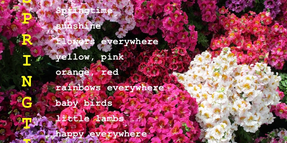 Clusters of colorful spring flowers overwritten with the Springtime poem