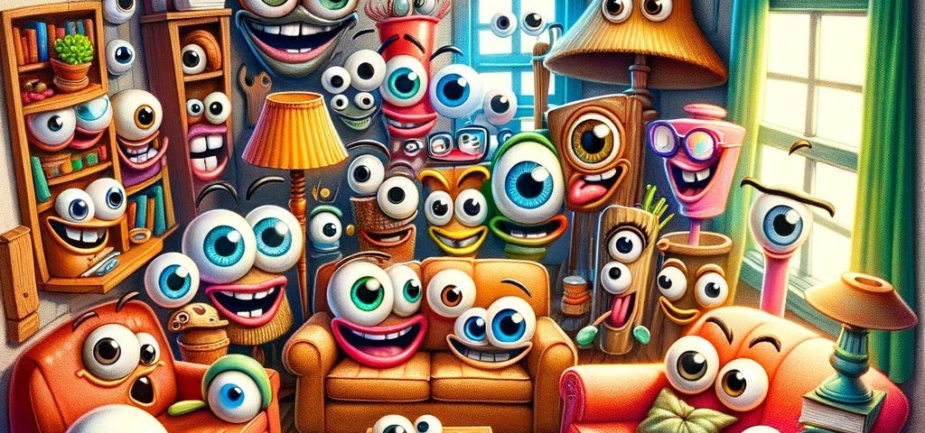 A room full of furniture and home deco with eyes, cartoon style