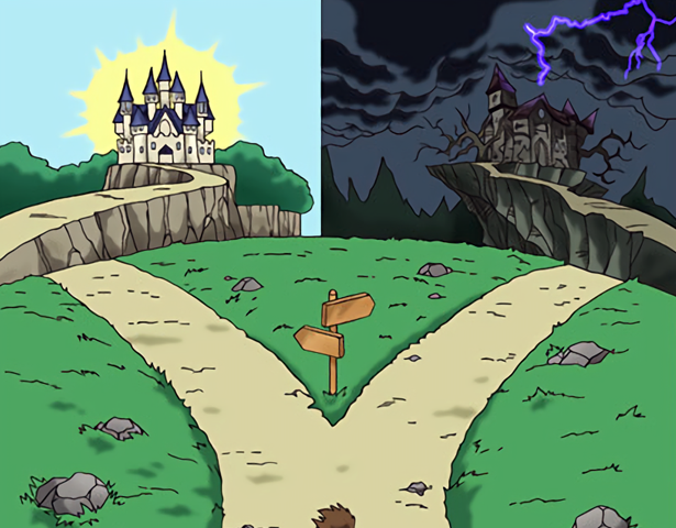 Meme du “croisement des chemins” où un personnage est au croisement des chemins : un chemin mène vers un château blanc sous un ciel bleu, l’autre vers un château noir pris dans une tempête.