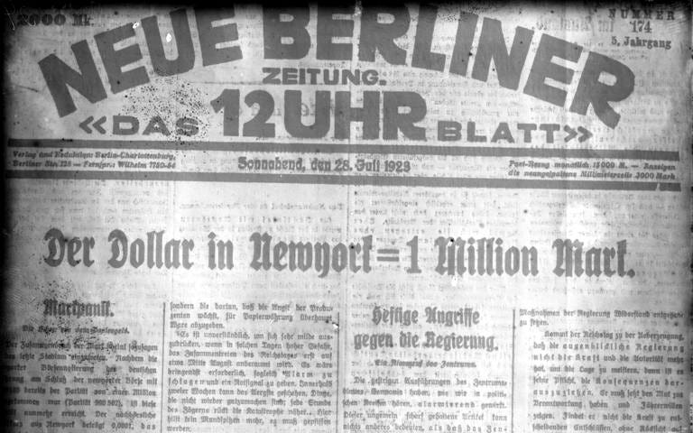 A headline in a German newspaper saying 1 US dollar was equal to 1 Million marks