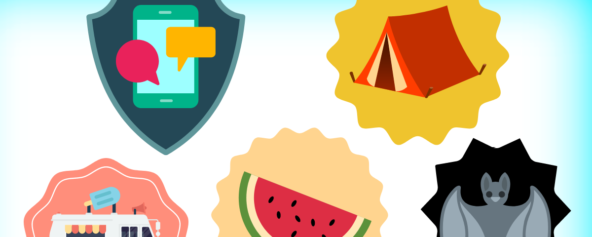 An image created in Canva featuring various fictional badges like a watermelon, tent, vampire bat, ice cream truck, and smartphone.