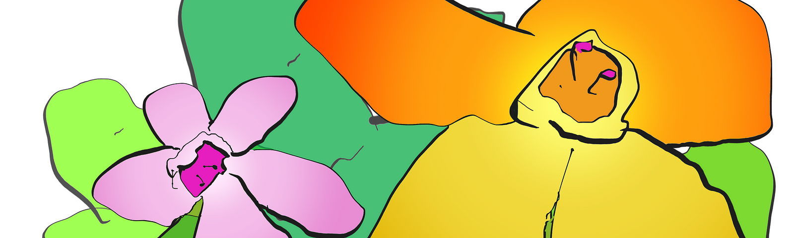 Semi-abstract cartoon of two flowers, one yellow and orange, one pink and mauve, in front of loosely figurative blobs in shades of green. By Doodleslice 2024