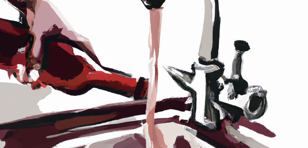 Digital painting of a bottle of red wine being poured down the sink.