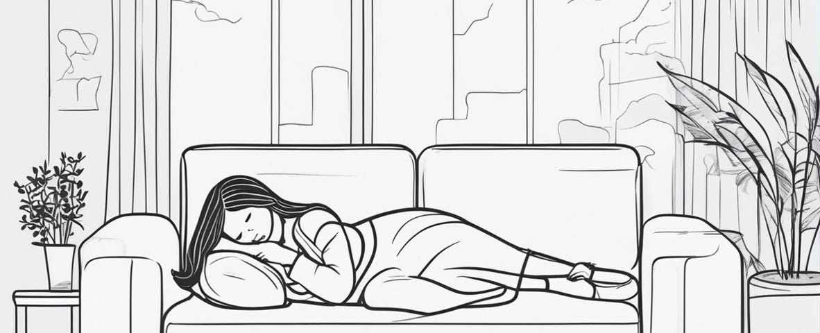 A girl laying down on a sofa. She looks bored. Line art