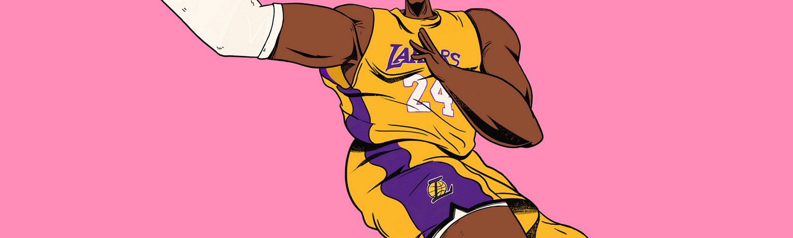 An illustration of Kobe Bryant with his Lakers jersey in a motion making a. layup.