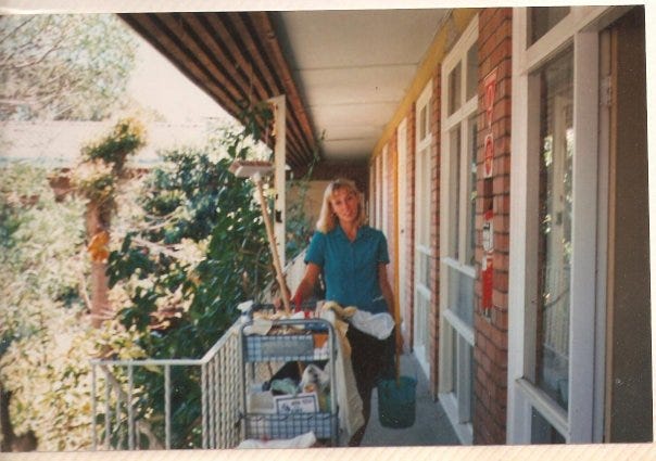 Old photo of the author, chambermaiding in Perth whilst travelling.