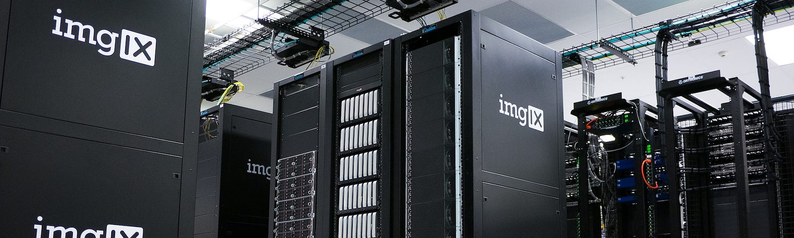 Heavy duty computer servers in a data center, closeup black and white image