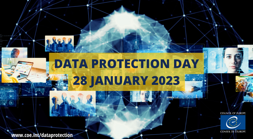 COE dot int slash data protection poster announcing Council of Europe data protection day 28 January 2023.Black background with points indicating connections. Photos of groups in silhouettes and personal computers.