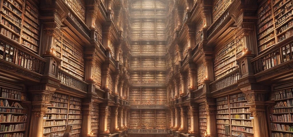 IMAGE: A hyper-realistic image of a humongous library with several stories and endless shelves full of books, capturing the grandeur and vastness of the space dedicated to knowledge and learning