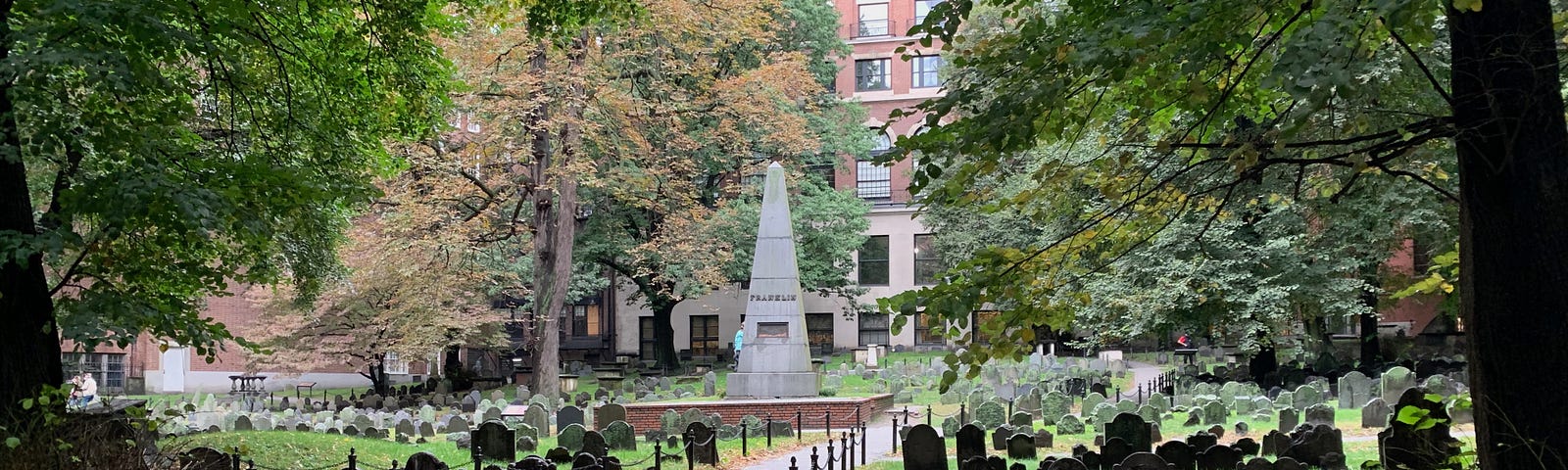 Granary Cemetry in Boston. Tombstones and trees.