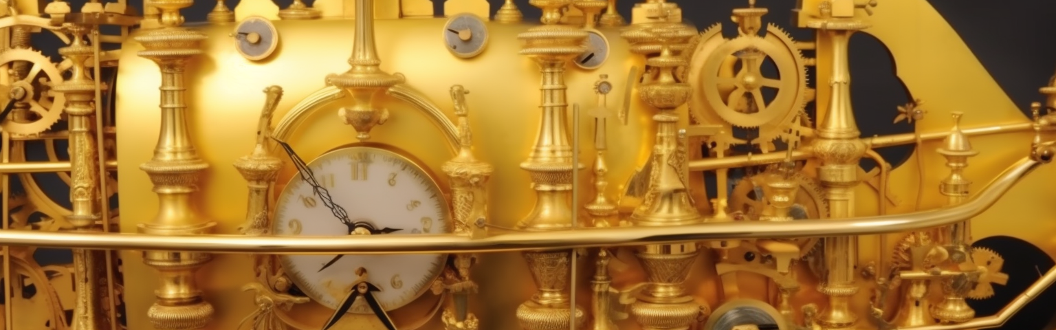 Midjourney generated image of very complex machine with bells, whistles and gold-plating