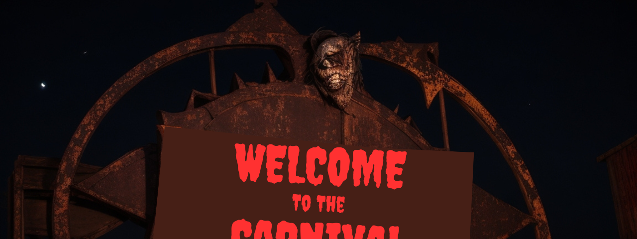 A weathered sign, barely visible in the moonlight, reads “Welcome to the Midnight Carnival — Where Your Darkest Desires Come to Life.” The rusted edges and crimson stains hint at the malevolent secrets lurking within the carnival’s embrace.